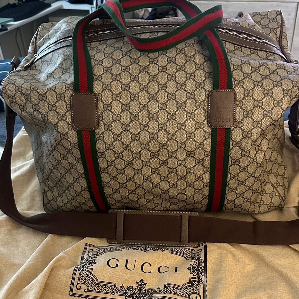 Gucci Beige and Brown Duffel Bag with Green and Red Stripes